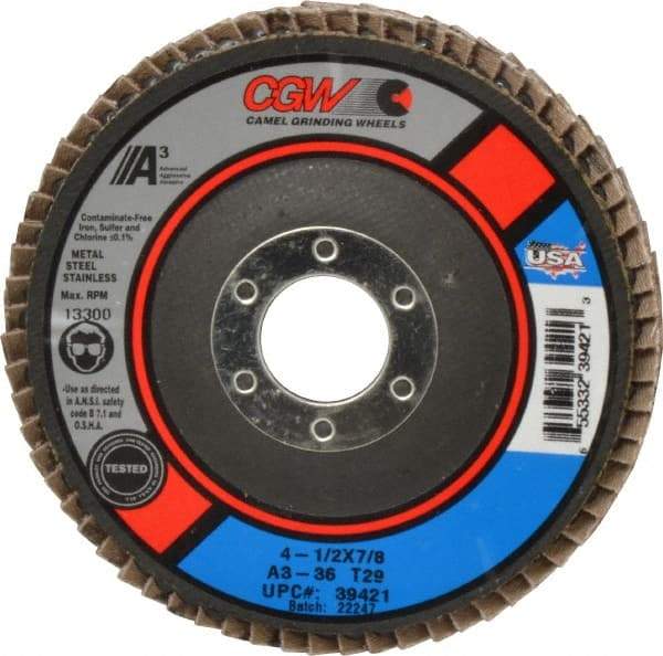 Camel Grinding Wheels - 36 Grit, 4-1/2" Disc Diam, 7/8" Center Hole, Type 29 Aluminum Oxide Flap Disc - 13,300 Max RPM, Polyester Backing, Arbor Attaching System, Coated - Caliber Tooling