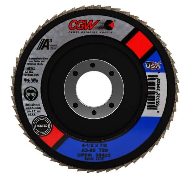 Camel Grinding Wheels - 80 Grit, 4-1/2" Disc Diam, 7/8" Center Hole, Type 29 Aluminum Oxide Flap Disc - 13,300 Max RPM, Polyester Backing, Arbor Attaching System, Coated - Caliber Tooling