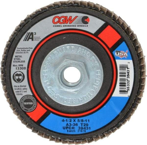 Camel Grinding Wheels - 36 Grit, 4-1/2" Disc Diam, 5/8-11 Center Hole, Type 29 Aluminum Oxide Flap Disc - 13,300 Max RPM, Polyester Backing, Arbor Attaching System, Coated - Caliber Tooling