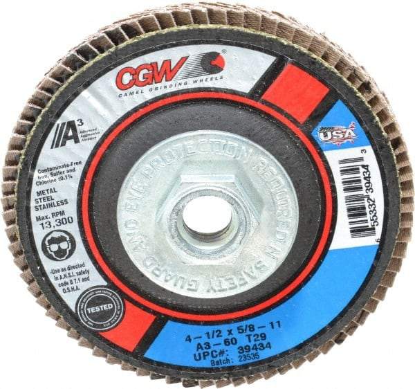 Camel Grinding Wheels - 60 Grit, 4-1/2" Disc Diam, 5/8-11 Center Hole, Type 29 Aluminum Oxide Flap Disc - 13,300 Max RPM, Polyester Backing, Arbor Attaching System, Coated - Caliber Tooling