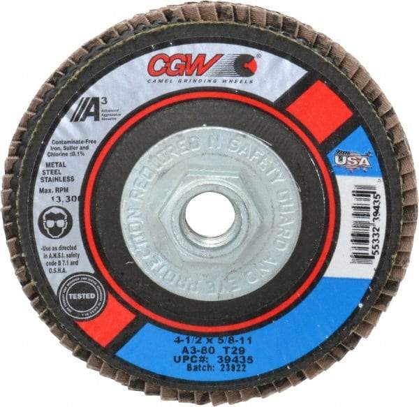 Camel Grinding Wheels - 80 Grit, 4-1/2" Disc Diam, 5/8-11 Center Hole, Type 29 Aluminum Oxide Flap Disc - 13,300 Max RPM, Polyester Backing, Arbor Attaching System, Coated - Caliber Tooling