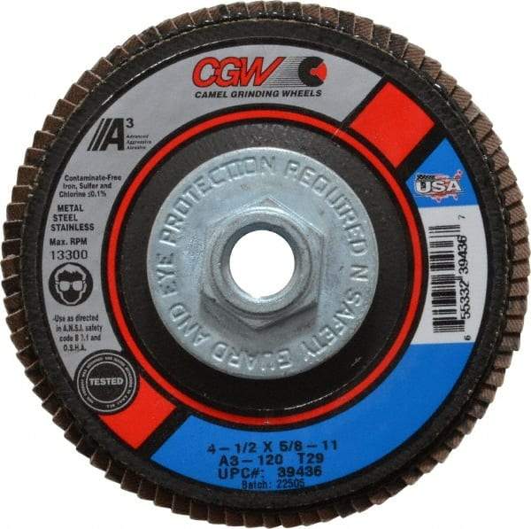 Camel Grinding Wheels - 120 Grit, 4-1/2" Disc Diam, 5/8-11 Center Hole, Type 29 Aluminum Oxide Flap Disc - 13,300 Max RPM, Polyester Backing, Arbor Attaching System, Coated - Caliber Tooling