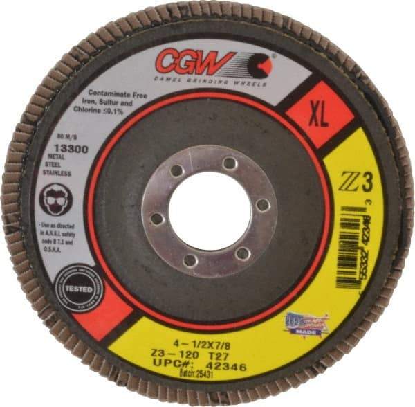 Camel Grinding Wheels - 120 Grit, 4-1/2" Disc Diam, 7/8" Center Hole, Type 27 Zirconia Alumina Flap Disc - 13,300 Max RPM, Poly Cotton Backing, Arbor Attaching System, Coated - Caliber Tooling