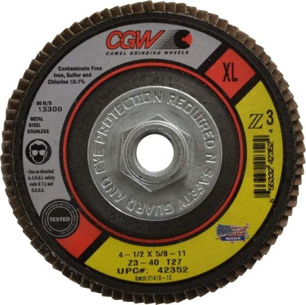 Camel Grinding Wheels - 40 Grit, 4-1/2" Disc Diam, 5/8-11 Center Hole, Type 27 Zirconia Alumina Flap Disc - 13,300 Max RPM, Poly Cotton Backing, Arbor Attaching System, Coated - Caliber Tooling