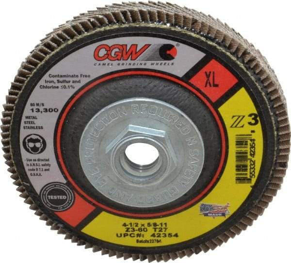 Camel Grinding Wheels - 60 Grit, 4-1/2" Disc Diam, 5/8-11 Center Hole, Type 27 Zirconia Alumina Flap Disc - 13,300 Max RPM, Poly Cotton Backing, Arbor Attaching System, Coated - Caliber Tooling