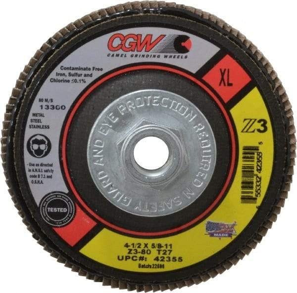 Camel Grinding Wheels - 80 Grit, 4-1/2" Disc Diam, 5/8-11 Center Hole, Type 27 Zirconia Alumina Flap Disc - 13,300 Max RPM, Poly Cotton Backing, Arbor Attaching System, Coated - Caliber Tooling