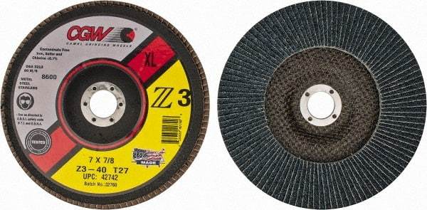 Camel Grinding Wheels - 40 Grit, 7" Disc Diam, 7/8" Center Hole, Type 27 Zirconia Alumina Flap Disc - 8,600 Max RPM, Poly Cotton Backing, Arbor Attaching System, Coated - Caliber Tooling