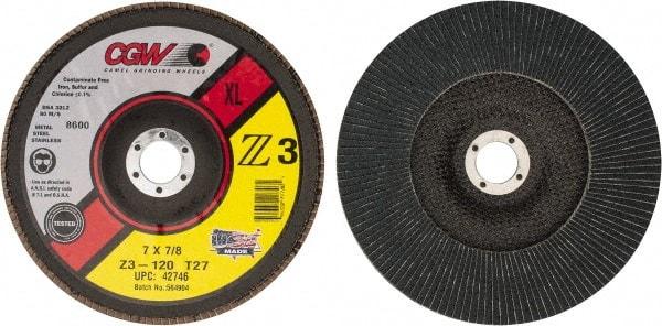 Camel Grinding Wheels - 120 Grit, 7" Disc Diam, 7/8" Center Hole, Type 27 Zirconia Alumina Flap Disc - 8,600 Max RPM, Poly Cotton Backing, Arbor Attaching System, Coated - Caliber Tooling