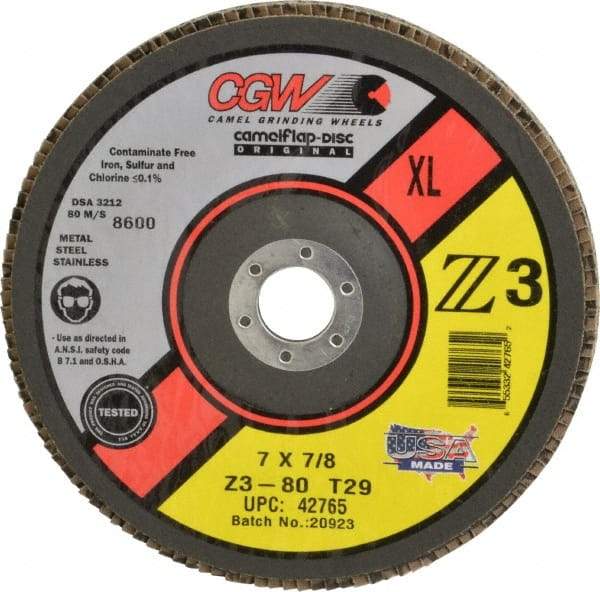 Camel Grinding Wheels - 80 Grit, 7" Disc Diam, 5/8-11 Center Hole, Type 29 Zirconia Alumina Flap Disc - 8,600 Max RPM, Poly Cotton Backing, Arbor Attaching System, Coated - Caliber Tooling