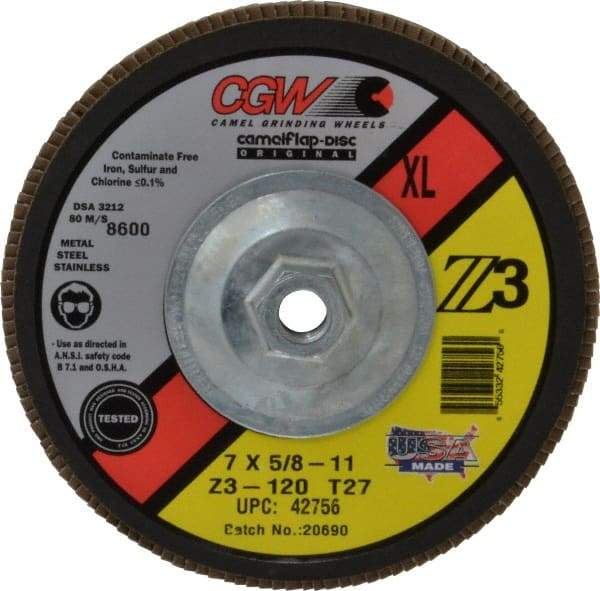 Camel Grinding Wheels - 120 Grit, 7" Disc Diam, 5/8-11 Center Hole, Type 27 Zirconia Alumina Flap Disc - 8,600 Max RPM, Poly Cotton Backing, Arbor Attaching System, Coated - Caliber Tooling