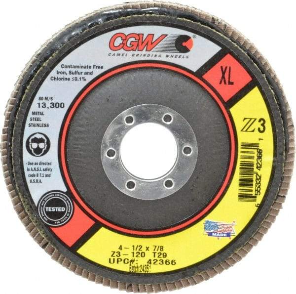 Camel Grinding Wheels - 120 Grit, 4-1/2" Disc Diam, 7/8" Center Hole, Type 29 Zirconia Alumina Flap Disc - 13,300 Max RPM, Poly Cotton Backing, Arbor Attaching System, Coated - Caliber Tooling