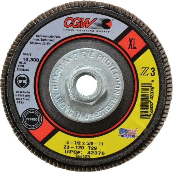 Camel Grinding Wheels - 120 Grit, 4-1/2" Disc Diam, 5/8-11 Center Hole, Type 29 Zirconia Alumina Flap Disc - 13,300 Max RPM, Poly Cotton Backing, Arbor Attaching System, Coated - Caliber Tooling