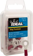 Ideal - 22-18 AWG Partially Insulated Crimp Connection Circular Ring Terminal - 1/4" Stud, 1.055" OAL x 0.394" Wide, Tin Plated Brass Contact - Caliber Tooling