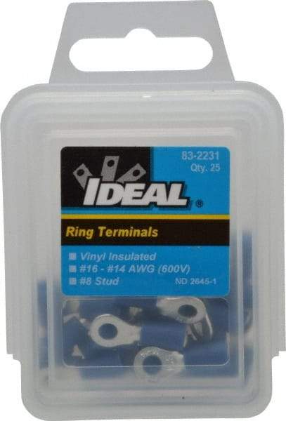 Ideal - 16-14 AWG Partially Insulated Crimp Connection Circular Ring Terminal - #8 Stud, 0.858" OAL x 0.394" Wide, Tin Plated Brass Contact - Caliber Tooling