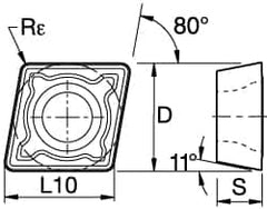 Kennametal - CPMT21.51 MF Grade KCPK30 Carbide Milling Insert - TiN/TiCN/Al2O3 Finish, 0.0937" Thick, 1/4" Inscribed Circle, 0.4mm Corner Radius - Caliber Tooling