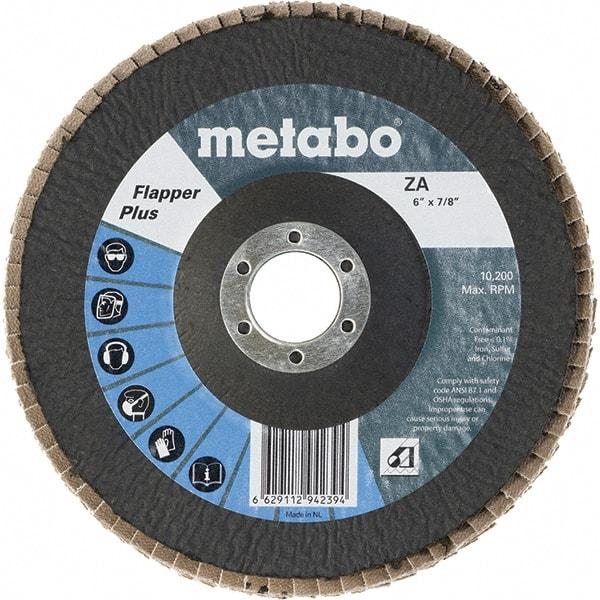 Metabo - 120 Grit, 6" Disc Diam, 7/8" Center Hole, Type 29 Zirconia Alumina Flap Disc - 10,200 Max RPM, Fiberglass Backing, Arbor Attaching System, Coated - Caliber Tooling