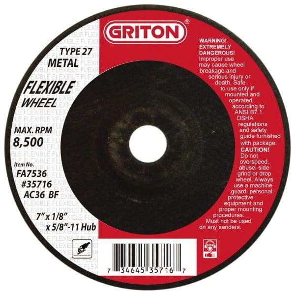 Value Collection - 36 Grit, 7" Wheel Diam, 1/8" Wheel Thickness, Type 27 Depressed Center Wheel - Aluminum Oxide, 8,500 Max RPM - Caliber Tooling