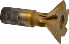 Made in USA - 3" Diam x 1" Width of Cut, 45° Included Angle, Carbide-Tipped Dovetail Cutter - 1-1/4" Shank Diam, 4-1/2" Overall Length, 0.02" Corner Radius, Weldon Flat, TiN Coated - Caliber Tooling