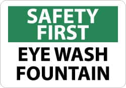 NMC - "Safety First - Eye Wash Fountain", 10" Long x 14" Wide, Pressure-Sensitive Vinyl Safety Sign - Rectangle, 0.004" Thick, Use for First Aid - Caliber Tooling