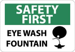 NMC - "Safety First - Eye Wash Fountain", 10" Long x 14" Wide, Pressure-Sensitive Vinyl Safety Sign - Rectangle, 0.004" Thick, Use for First Aid - Caliber Tooling