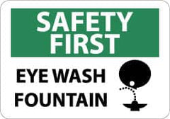 NMC - "Safety First - Eye Wash Fountain", 10" Long x 14" Wide, Pressure-Sensitive Vinyl Safety Sign - Rectangle, 0.004" Thick, Use for First Aid - Caliber Tooling