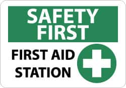 NMC - "Safety First - First Aid Station", 10" Long x 14" Wide, Aluminum Safety Sign - Rectangle, 0.04" Thick, Use for First Aid - Caliber Tooling