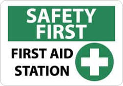 NMC - "Safety First - First Aid Station", 10" Long x 14" Wide, Pressure-Sensitive Vinyl Safety Sign - Rectangle, 0.004" Thick, Use for First Aid - Caliber Tooling