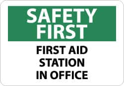 NMC - "Safety First - First Aid Station in Office", 10" Long x 14" Wide, Pressure-Sensitive Vinyl Safety Sign - Rectangle, 0.004" Thick, Use for First Aid - Caliber Tooling