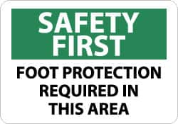 NMC - "Safety First - Foot Protection Required in This Area", 10" Long x 14" Wide, Pressure-Sensitive Vinyl Safety Sign - Rectangle, 0.004" Thick, Use for Accident Prevention - Caliber Tooling