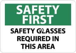 NMC - "Safety First - Safety Glasses Required in This Area", 10" Long x 14" Wide, Pressure-Sensitive Vinyl Safety Sign - Rectangle, 0.004" Thick, Use for Accident Prevention - Caliber Tooling