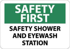 NMC - "Safety First - Safety Shower and Eyewash Station", 10" Long x 14" Wide, Pressure-Sensitive Vinyl Safety Sign - Rectangle, 0.004" Thick, Use for First Aid - Caliber Tooling