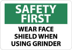 NMC - "Safety First - Wear Face Shield When Using Grinder", 10" Long x 14" Wide, Pressure-Sensitive Vinyl Safety Sign - Rectangle, 0.004" Thick, Use for Accident Prevention - Caliber Tooling