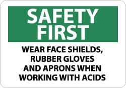 NMC - "Safety First - Wear Face Shields, Rubber Gloves and Aprons When Working with Acids", 10" Long x 14" Wide, Pressure-Sensitive Vinyl Safety Sign - Rectangle, 0.004" Thick, Use for Accident Prevention - Caliber Tooling