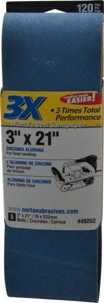 Norton - 3" Wide x 21" OAL, 120 Grit, Zirconia Alumina Abrasive Belt - Zirconia Alumina, Fine, Coated, Y Weighted Cloth Backing, Series 3X - Caliber Tooling