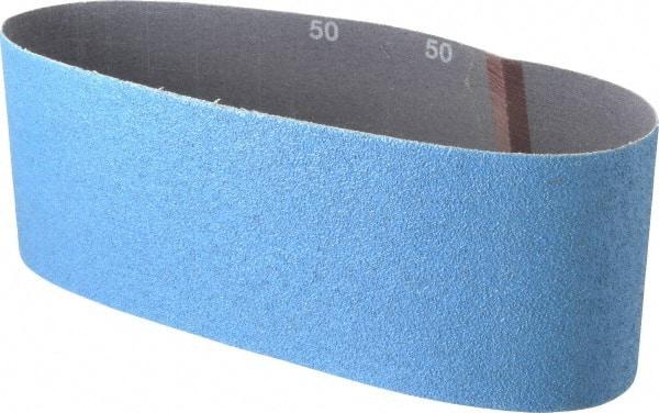 Norton - 4" Wide x 24" OAL, 50 Grit, Zirconia Alumina Abrasive Belt - Zirconia Alumina, Coarse, Coated, Y Weighted Cloth Backing, Series 3X - Caliber Tooling