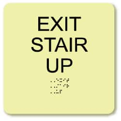 NMC - Exit Stair Up, Plastic Exit Sign - 8" Wide x 8" High, English/Braille, Glow-in-the-Dark - Caliber Tooling