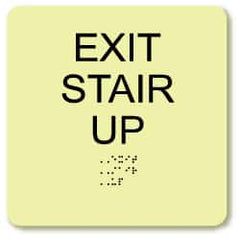 NMC - Exit Stair Up, Plastic Exit Sign - 8" Wide x 8" High, English/Braille, Glow-in-the-Dark - Caliber Tooling