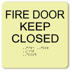 NMC - Fire Door - Keep Closed, Plastic Fire Sign - 8" Wide x 8" High, English/Braille, Glow-in-the-Dark - Caliber Tooling