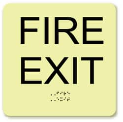 NMC - Fire Exit, Plastic Fire Sign - 8" Wide x 8" High, English/Braille, Glow-in-the-Dark - Caliber Tooling