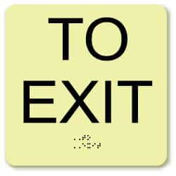 NMC - To Exit, Plastic Exit Sign - 8" Wide x 8" High, English/Braille, Glow-in-the-Dark - Caliber Tooling