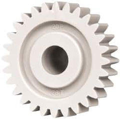 Made in USA - 20 Pitch, 1.4" Pitch Diam, 1.4" OD, 28 Tooth Spur Gear - 3/8" Face Width, 3/8" Bore Diam, 47/64" Hub Diam, 20° Pressure Angle, Acetal - Caliber Tooling