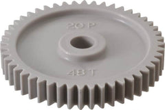 Made in USA - 20 Pitch, 2.4" Pitch Diam, 2-1/2" OD, 48 Tooth Spur Gear - 3/8" Face Width, 3/8" Bore Diam, 47/64" Hub Diam, 20° Pressure Angle, Acetal - Caliber Tooling