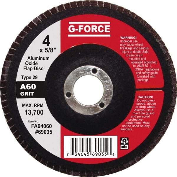 Value Collection - 60 Grit, 4" Disc Diam, 5/8" Center Hole, Type 29 Aluminum Oxide Flap Disc - 13,500 Max RPM, Fiberglass Backing, Arbor Attaching System, Coated - Caliber Tooling