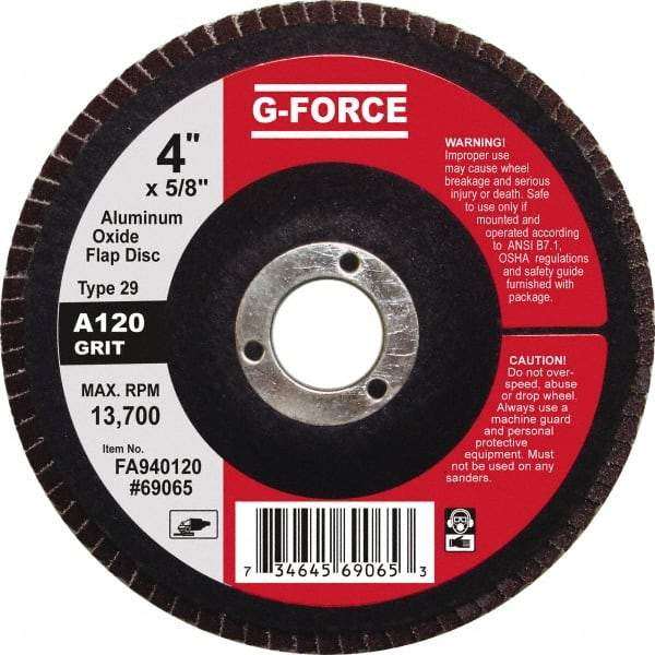 Value Collection - 120 Grit, 4" Disc Diam, 5/8" Center Hole, Type 29 Aluminum Oxide Flap Disc - 13,500 Max RPM, Fiberglass Backing, Arbor Attaching System, Coated - Caliber Tooling