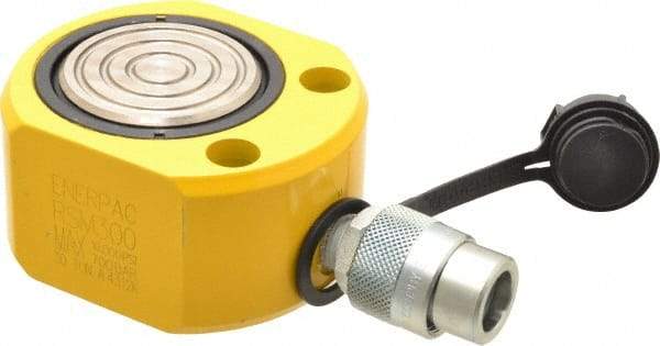 Enerpac - 30 Ton, 0.5" Stroke, 3.25 Cu In Oil Capacity, Portable Hydraulic Flat Body Cylinder - 6.49 Sq In Effective Area, 2.31" Lowered Ht., 2.81" Max Ht., 2.88" Cyl Bore Diam, 2.5" Plunger Rod Diam, 10,000 Max psi - Caliber Tooling