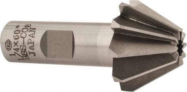 Interstate - 1-1/4" Large x 1/2" Small Diam, 25/32" Width of Cut, 60° Included Angle, Cobalt Face Angle Cutter - 5/8" Shank Diam, 2-21/32" Overall Length, Weldon Flat - Caliber Tooling