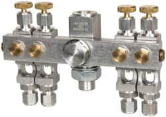 LDI Industries - 5/8-18 Outlet Thread, 1/4 Inlet Thread, Aluminum, Straight Valve, Oil Reservoir Needle Valve Manifold - 4 Outlet, 5-11/16" Wide, NPTF Inlet Thread, UNF Outlet Thread - Caliber Tooling