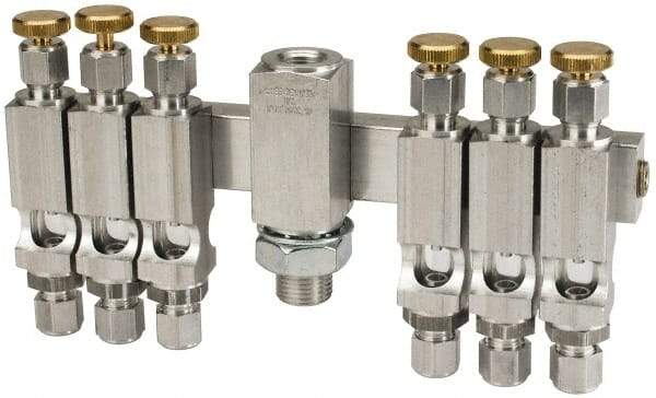 LDI Industries - 5/8-18 Outlet Thread, 1/4 Inlet Thread, Aluminum, Straight Valve, Oil Reservoir Needle Valve Manifold - 6 Outlet, 7-3/16" Wide, NPTF Inlet Thread, UNF Outlet Thread - Caliber Tooling