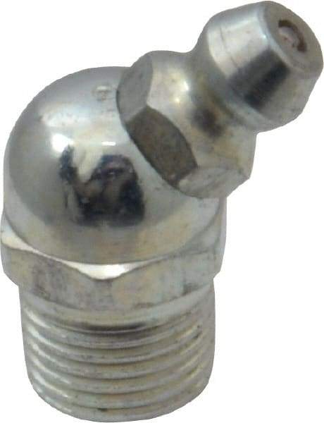 Alemite - 45° Head Angle, 1/8 PTF Steel Standard Grease Fitting - 7/16" Hex, 57/64" Overall Height, 19/64" Shank Length, 10,000 Operating psi, Zinc Plated Finish - Caliber Tooling