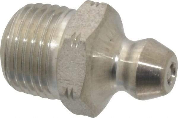 Alemite - Straight Head Angle, 1/8 PTF Stainless Steel Standard Grease Fitting - 7/16" Hex, 3/4" Overall Height, 5/16" Shank Length - Caliber Tooling